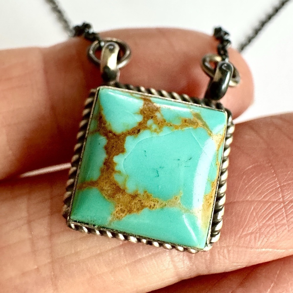 Navajo Turquoise Bar Necklace 16" Signed Dixon Sterling Patina Choker USA Square
